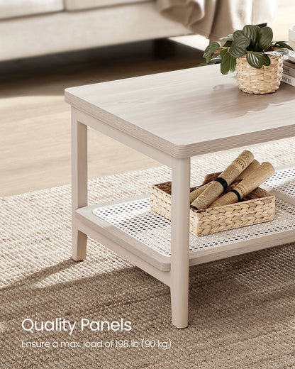 2-Tier Coffee Table for Living Room, Rectangular Living Room Table, with PVC Rattan Storage Shelf, Rounded Corners, Easy Assembly, Boho Style, 21.7 x 39.4 x 17.7 Inches, Oatmeal Beige