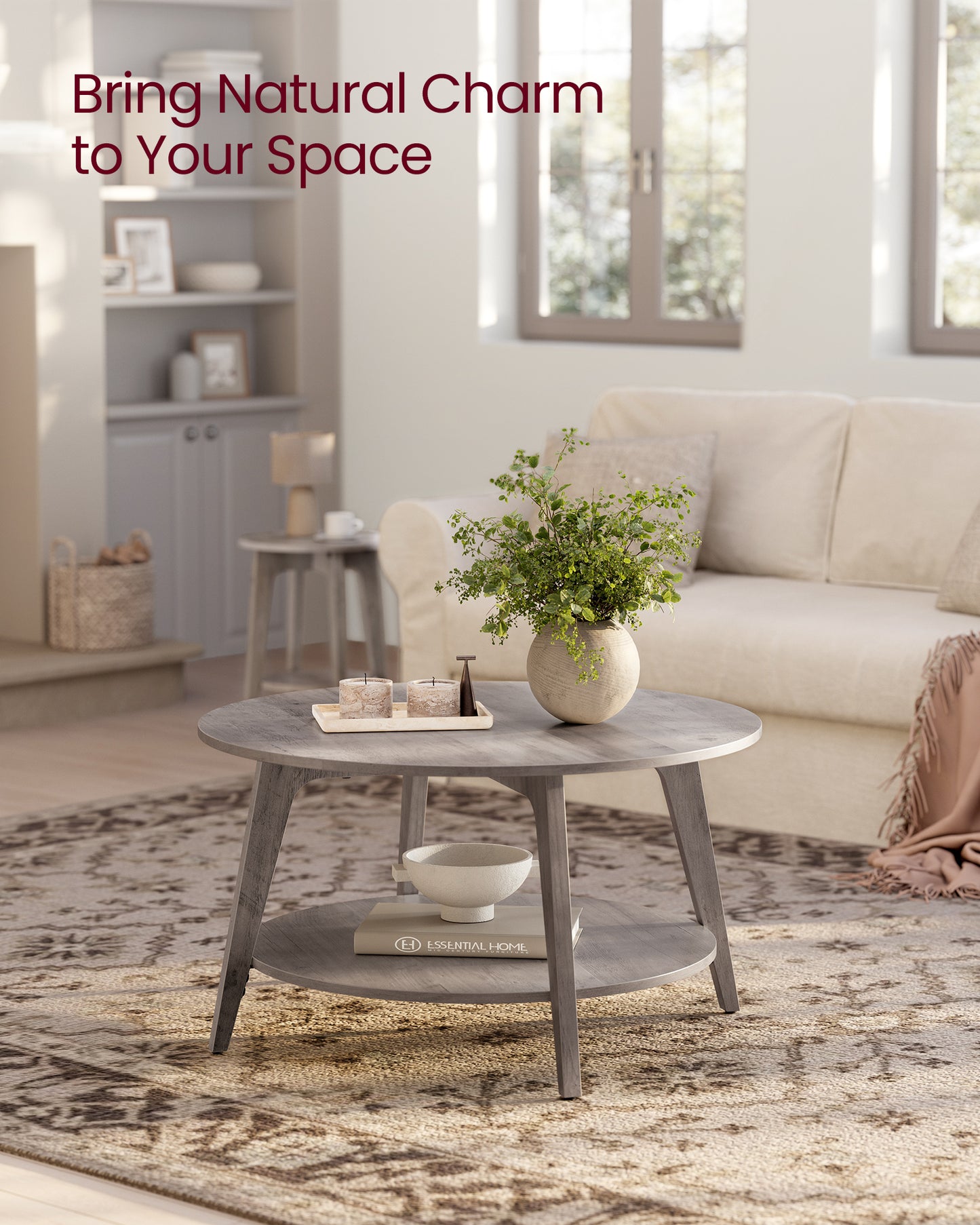 Round Coffee Table, 2-Tier Center Table with Storage