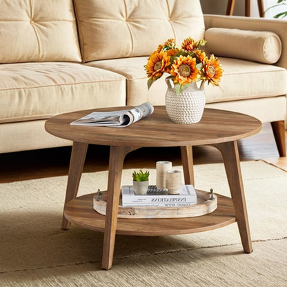 Round Coffee Table, 2-Tier Center Table with Storage, Tapered Legs