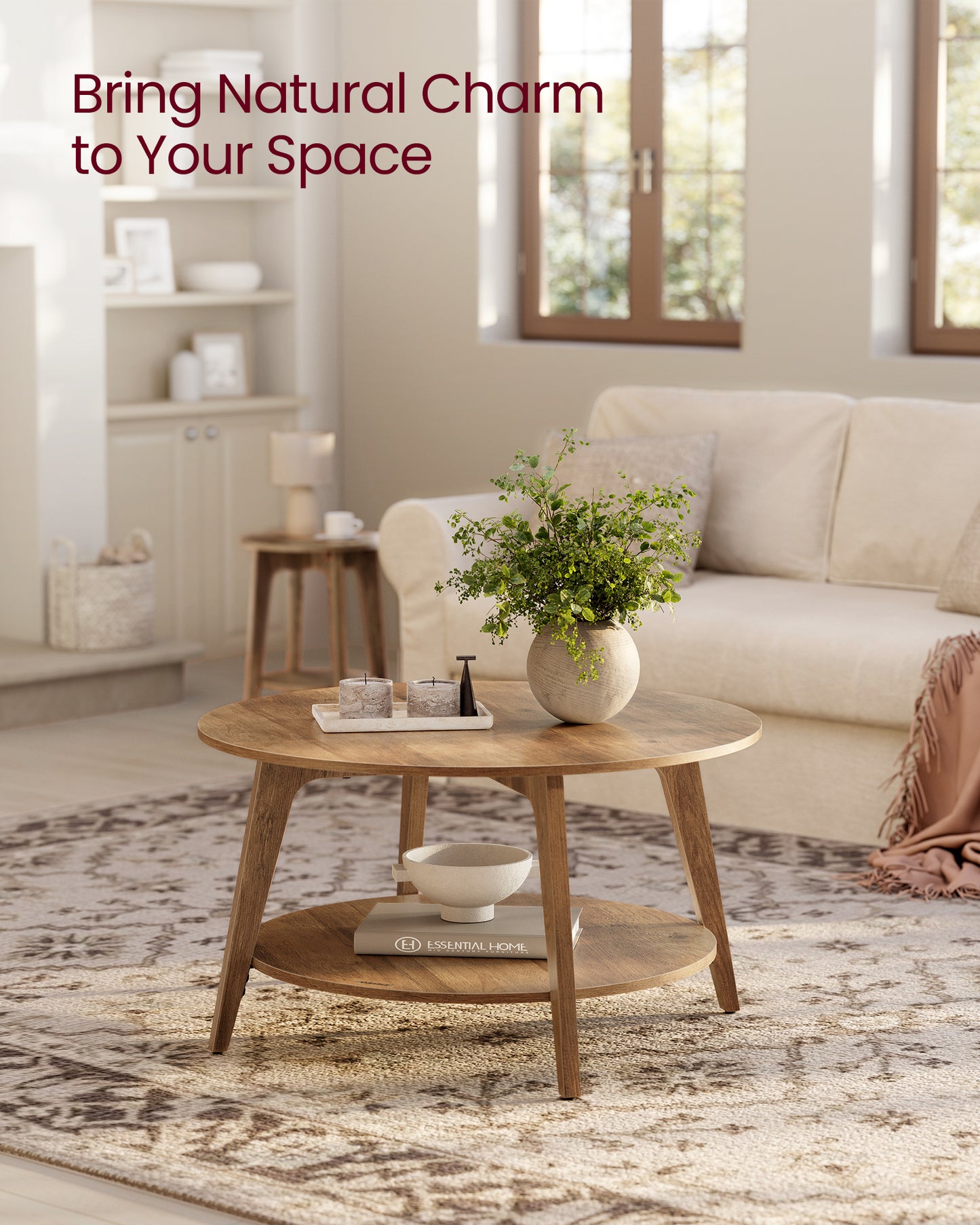 Honey Brown Round Coffee Table with 2 Tiers of Storage, Measuring 31.5 x 17.7 Inches, Ideal for the Living Room