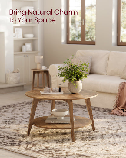 Honey Brown Round Coffee Table with 2 Tiers of Storage, Measuring 31.5 x 17.7 Inches, Ideal for the Living Room