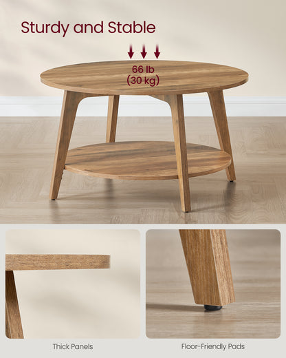 Honey Brown Round Coffee Table with 2 Tiers of Storage, Measuring 31.5 x 17.7 Inches, Ideal for the Living Room
