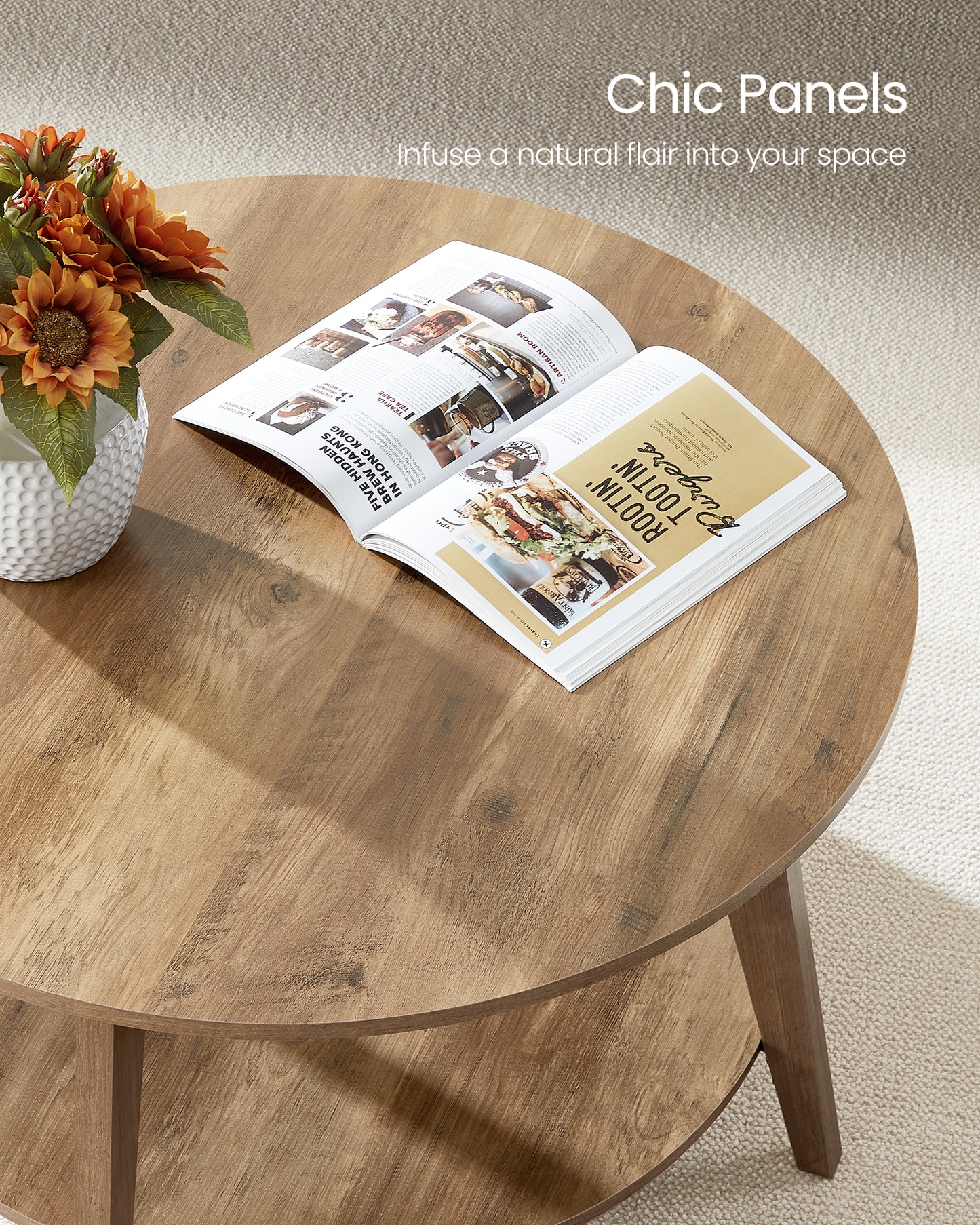 Honey Brown Round Coffee Table with 2 Tiers of Storage, Measuring 31.5 x 17.7 Inches, Ideal for the Living Room