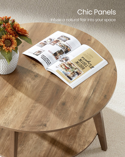 Honey Brown Round Coffee Table with 2 Tiers of Storage, Measuring 31.5 x 17.7 Inches, Ideal for the Living Room