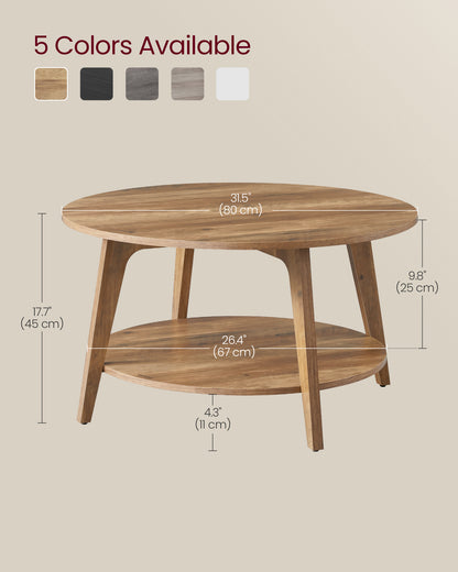Honey Brown Round Coffee Table with 2 Tiers of Storage, Measuring 31.5 x 17.7 Inches, Ideal for the Living Room