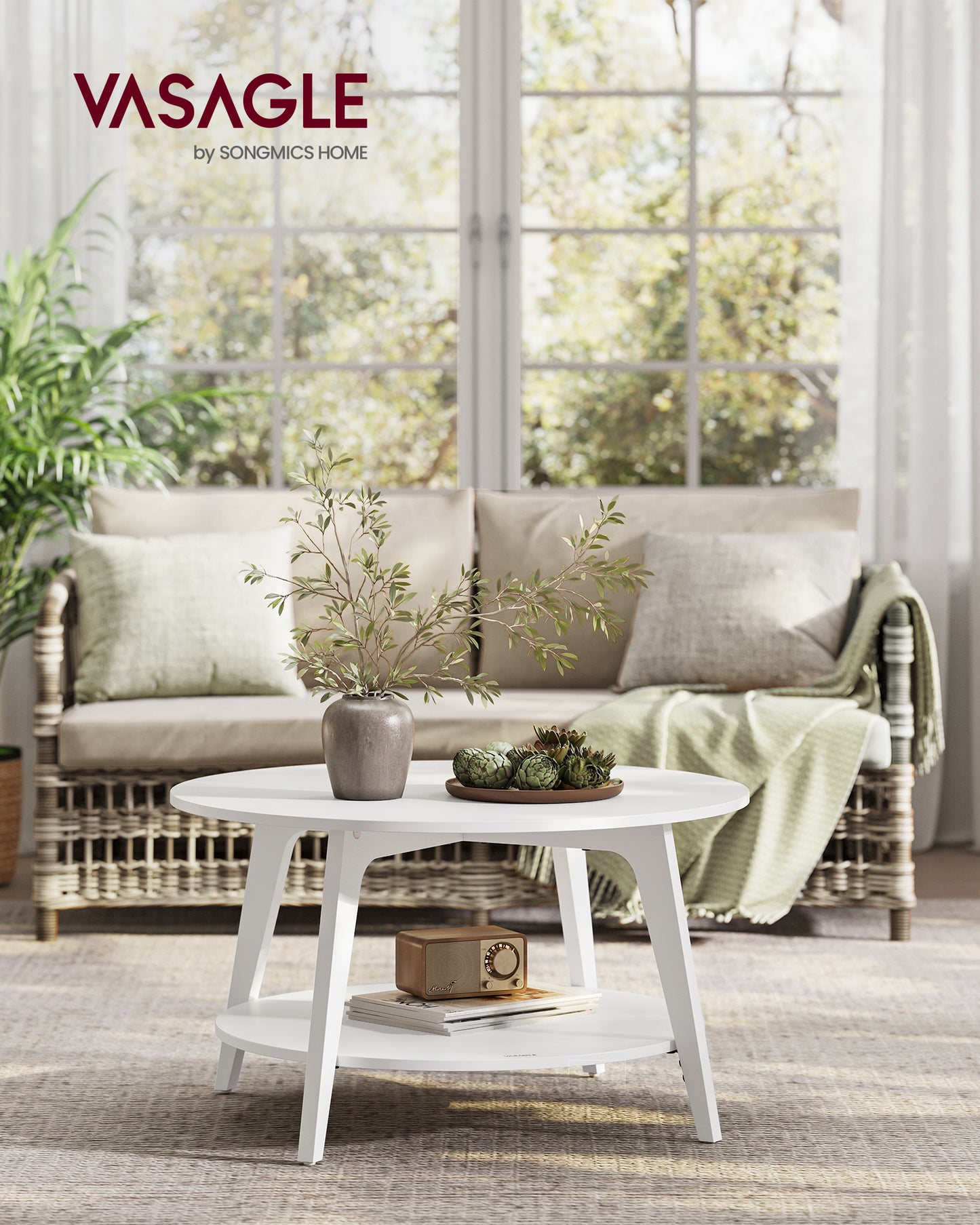 Snow White 2 - Tier Round Coffee Table with Storage - 31.5 x 17.7 Inches, Easy to Assemble for Living Room