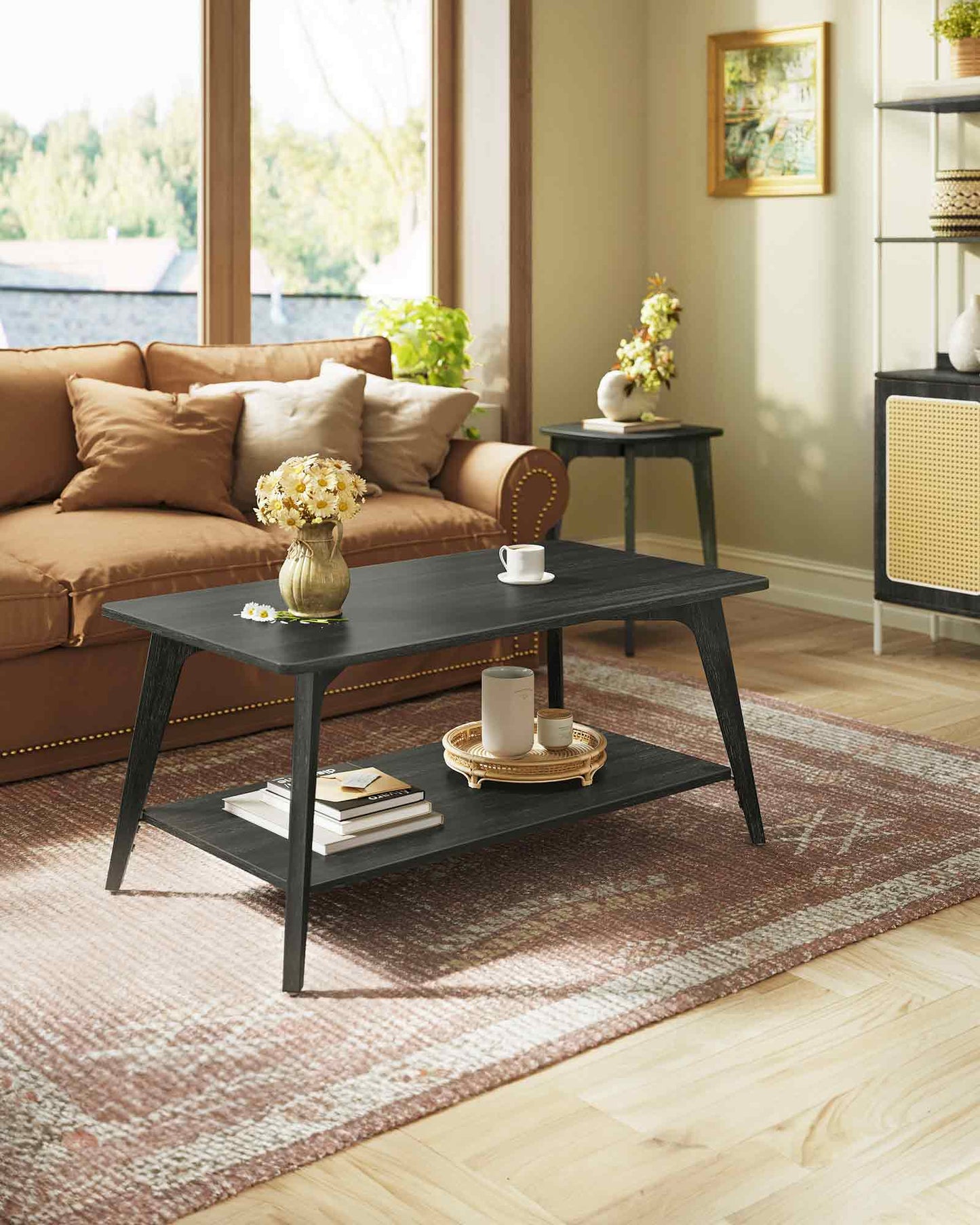 2-Tier Storage Coffee Table, 39.4" Wide Living Room Center Table, 110lb Capacity, Tool-Free Assembly, Rounded Corners, Charcoal Gray