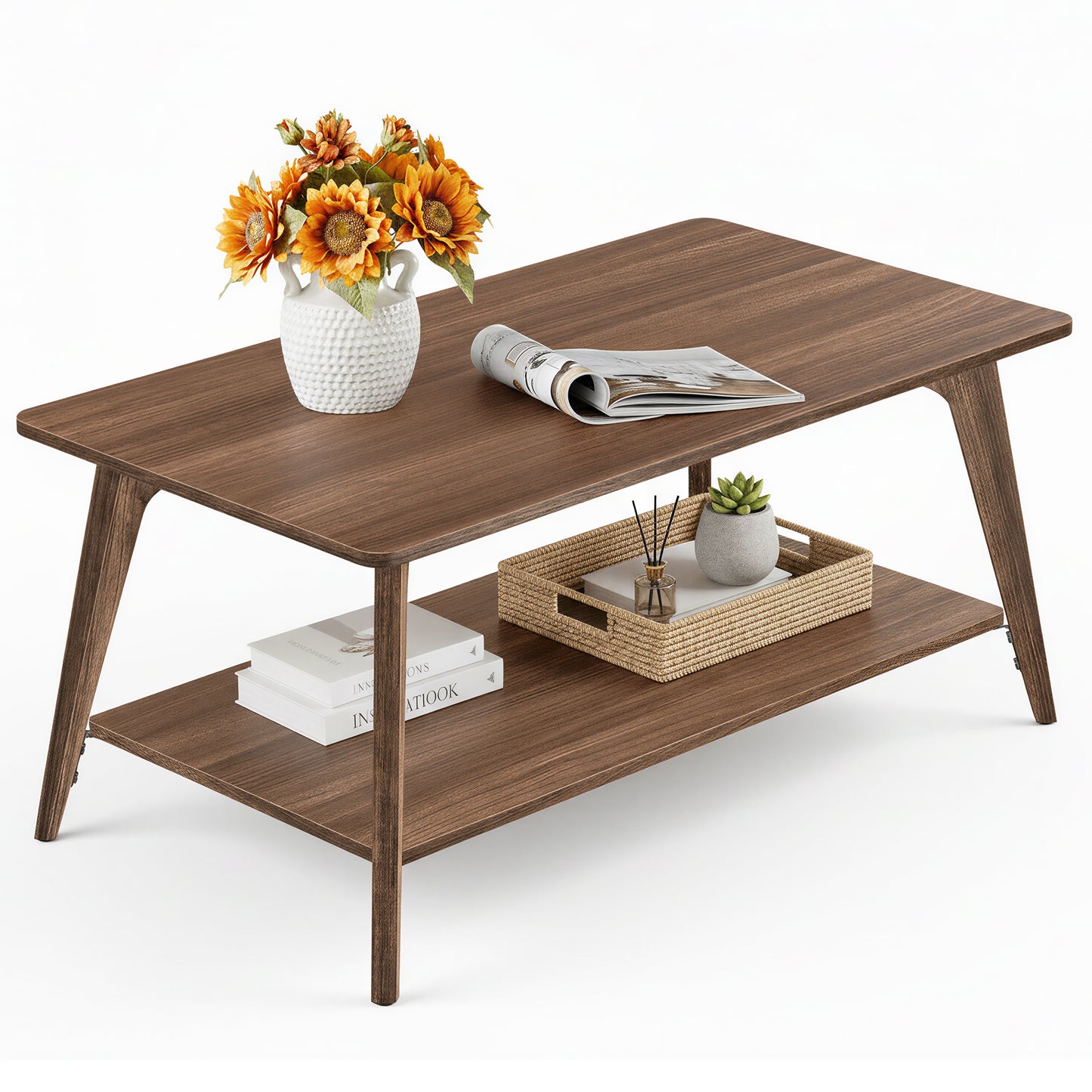 VASAGLE MAEZO Collection - Coffee Table, 2-Tier Center Table with Storage, Tapered Legs, Curved Transitions, Easy to Assemble, Chestnut Brown
