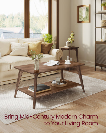 VASAGLE MAEZO Collection - Coffee Table, 2-Tier Center Table with Storage, Tapered Legs, Curved Transitions, Easy to Assemble, Chestnut Brown