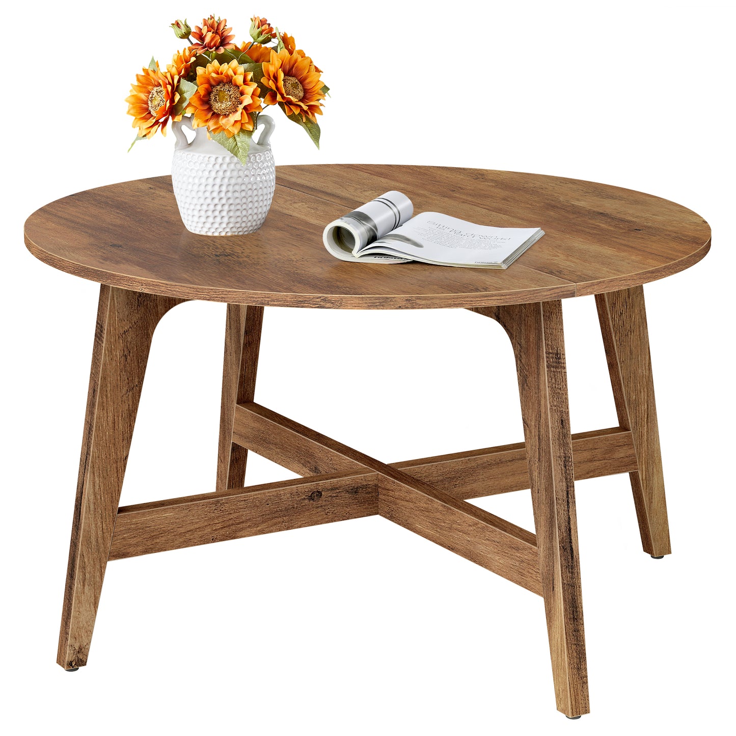 VASAGLE MAEZO Collection - Round Coffee Table, 31.5-Inch Center Table, Tapered Legs, Curved Transitions, Easy to Assemble, Honey Brown