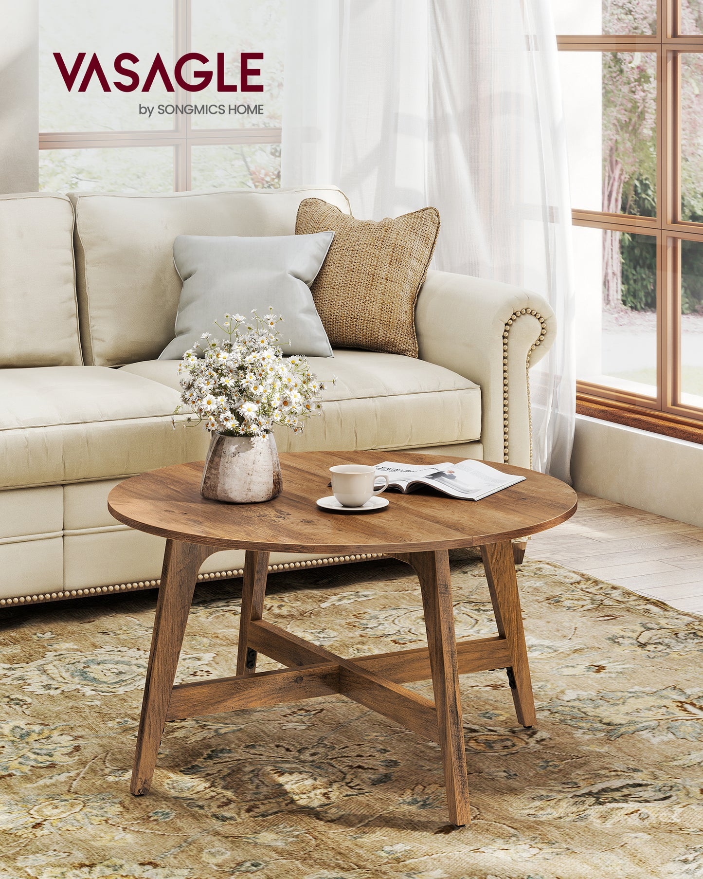 VASAGLE MAEZO Collection - Round Coffee Table, 31.5-Inch Center Table, Tapered Legs, Curved Transitions, Easy to Assemble, Honey Brown