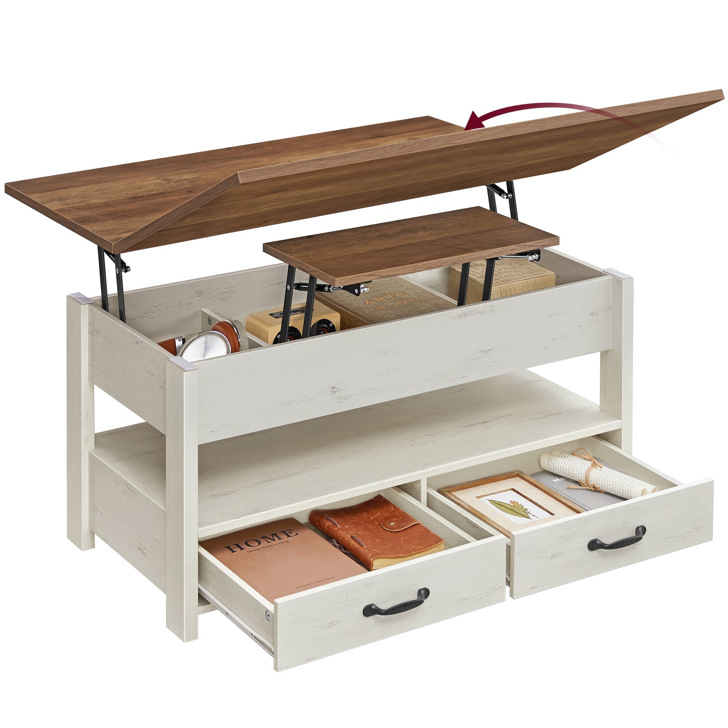 VASAGLE Lift Top Coffee Table, Center Table with Storage, Gas Spring, 2 Drawers and 3 Hidden Compartments, Open Shelf, for Living Room, Home Office, Honey Brown and Rustic White