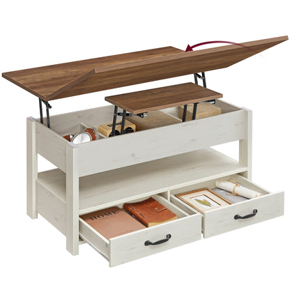 VASAGLE Lift Top Coffee Table, Center Table with Storage, Gas Spring, 2 Drawers and 3 Hidden Compartments, Open Shelf, for Living Room, Home Office, Honey Brown and Rustic White