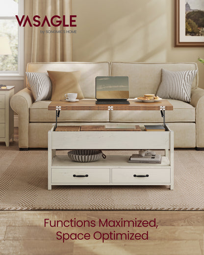 VASAGLE Lift Top Coffee Table, Center Table with Storage, Gas Spring, 2 Drawers and 3 Hidden Compartments, Open Shelf, for Living Room, Home Office, Honey Brown and Rustic White