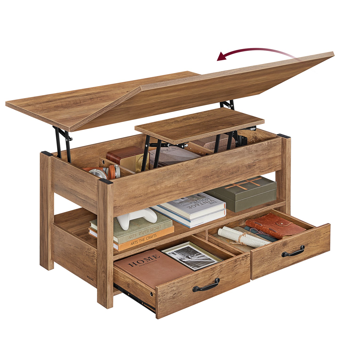 VASAGLE Lift Top Coffee Table, Center Table with Storage, Gas Spring, 2 Drawers and 3 Hidden Compartments, Open Shelf, for Living Room, Home Office, Honey Brown
