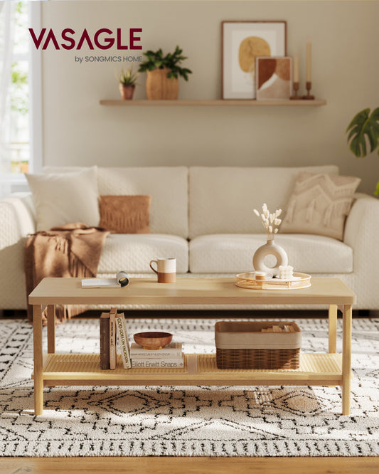 2-Tier Coffee Table with Rattan Shelf, 47.2 Inch Rectangular Living Room Table with Rounded Corners, 110 lb Capacity for Sofa Office, Oak Beige