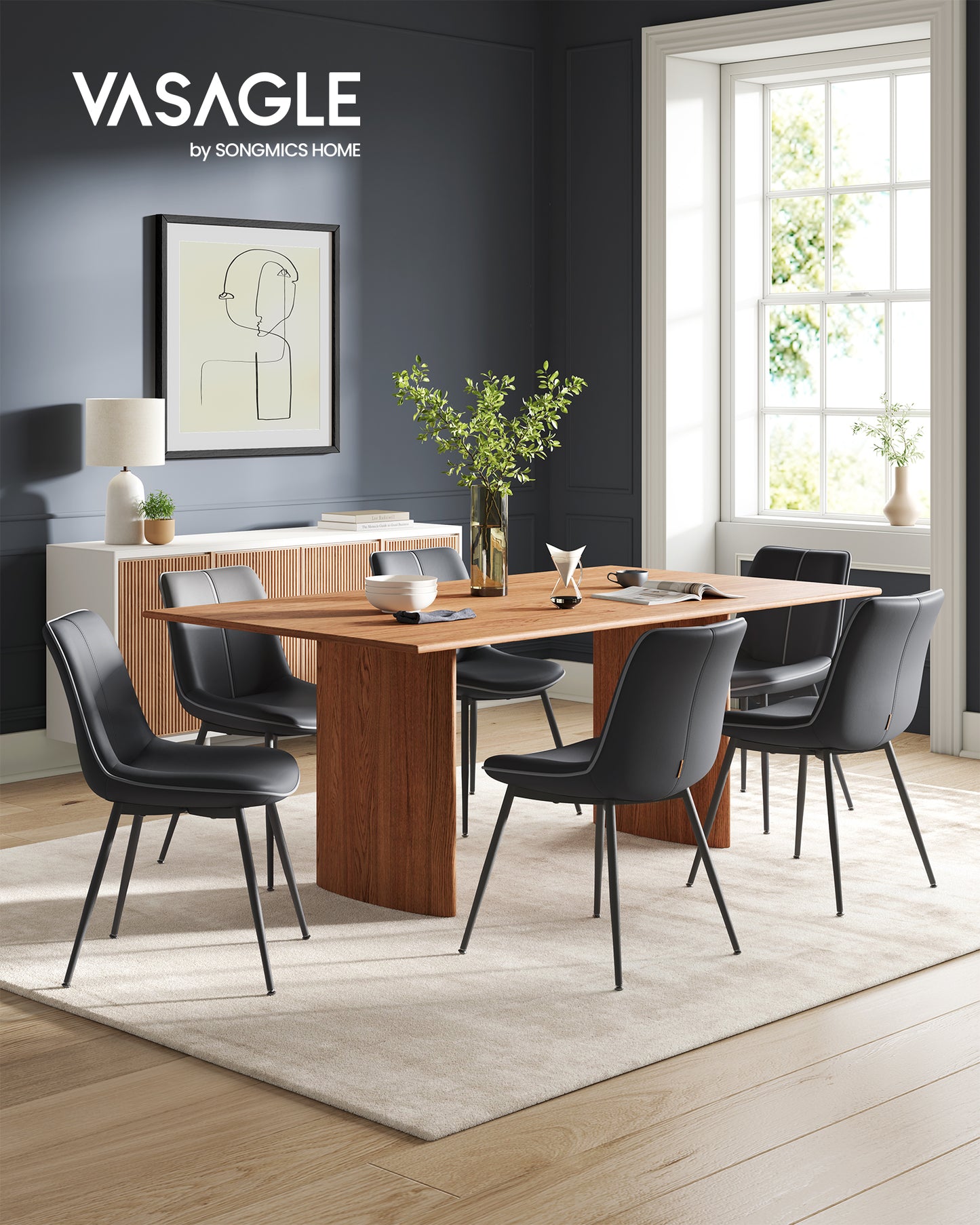 Leather Dining Chairs Set of 2, Comfortable Upholstered Seat with Metal Legs and Swivel Leveling Feet Ink Black