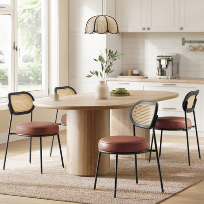 Dining Chairs, Set of 2 Dining Room Chair with Boho PE Rattan Back, Synthetic Leather Upholstered Accent Chairs for Kitchen Living Room, Coffee Brown