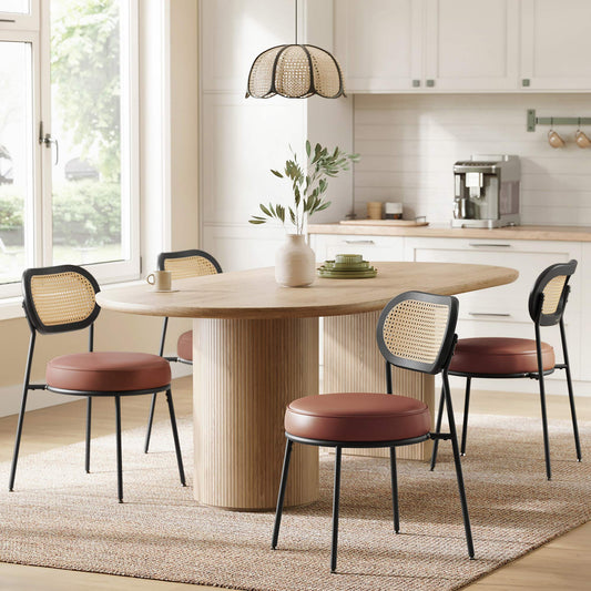 Dining Chairs, Set of 2 Dining Room Chair with Boho PE Rattan Back, Synthetic Leather Upholstered Accent Chairs for Kitchen Living Room, Coffee Brown