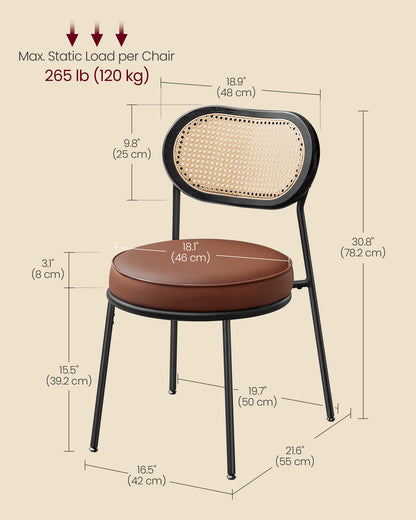 Dining Chairs, Set of 2 Dining Room Chair with Boho PE Rattan Back, Synthetic Leather Upholstered Accent Chairs for Kitchen Living Room, Coffee Brown