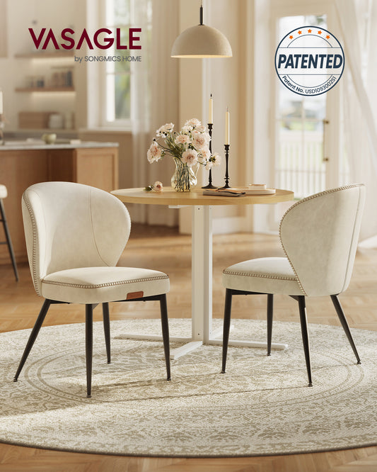 EKHO Mid-Century Modern Dining Chairs, Set of 2 PU Leather Upholstered Seats with Stitched Detailing, Cream White
