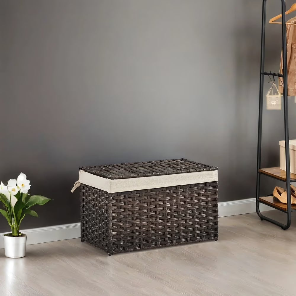 LEDREM 17.2 Gallon Storage Basket with Lid, Foldable Woven Laundry Bin with Removable Liner & Handles, Brown