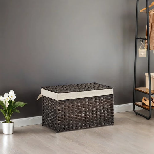 LEDREM 17.2 Gallon Storage Basket with Lid, Foldable Woven Laundry Bin with Removable Liner & Handles, Brown