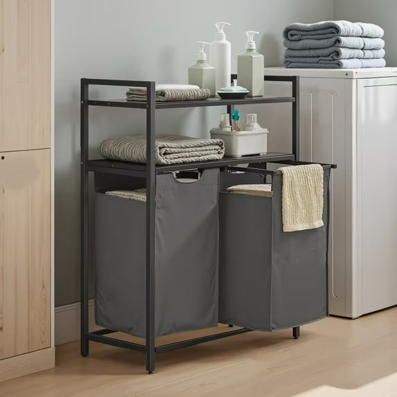 LEDREM 2-Bin Laundry Sorter with Shelves, 24.2 Gallon Capacity, Removable Bags & Steel Frame, for Home Organization, Black and Gray