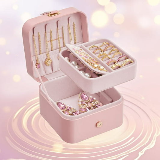 LEDREM 2-Layer Travel Jewelry Organizer Box, Compact & Portable with Removable Tray & Necklace Hooks, for Earrings, Rings, Bracelets, Jelly Pink