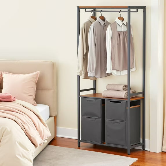 LEDREM 2-Section Laundry Hamper with Shelves & Hanging Rail, 24.2 Gallon Capacity, Removable Liners, Steel Frame, Rustic Brown and Black