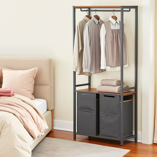 LEDREM 2-Section Laundry Hamper with Shelves & Hanging Rail, 24.2 Gallon Capacity, Removable Liners, Steel Frame, Rustic Brown and Black