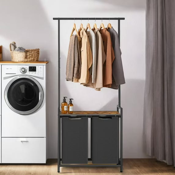 LEDREM 2-Section Laundry Station with Clothes Rack & Shelf, 24.2 Gallon Capacity, Removable Baskets, Steel Frame, Rustic Brown and Black