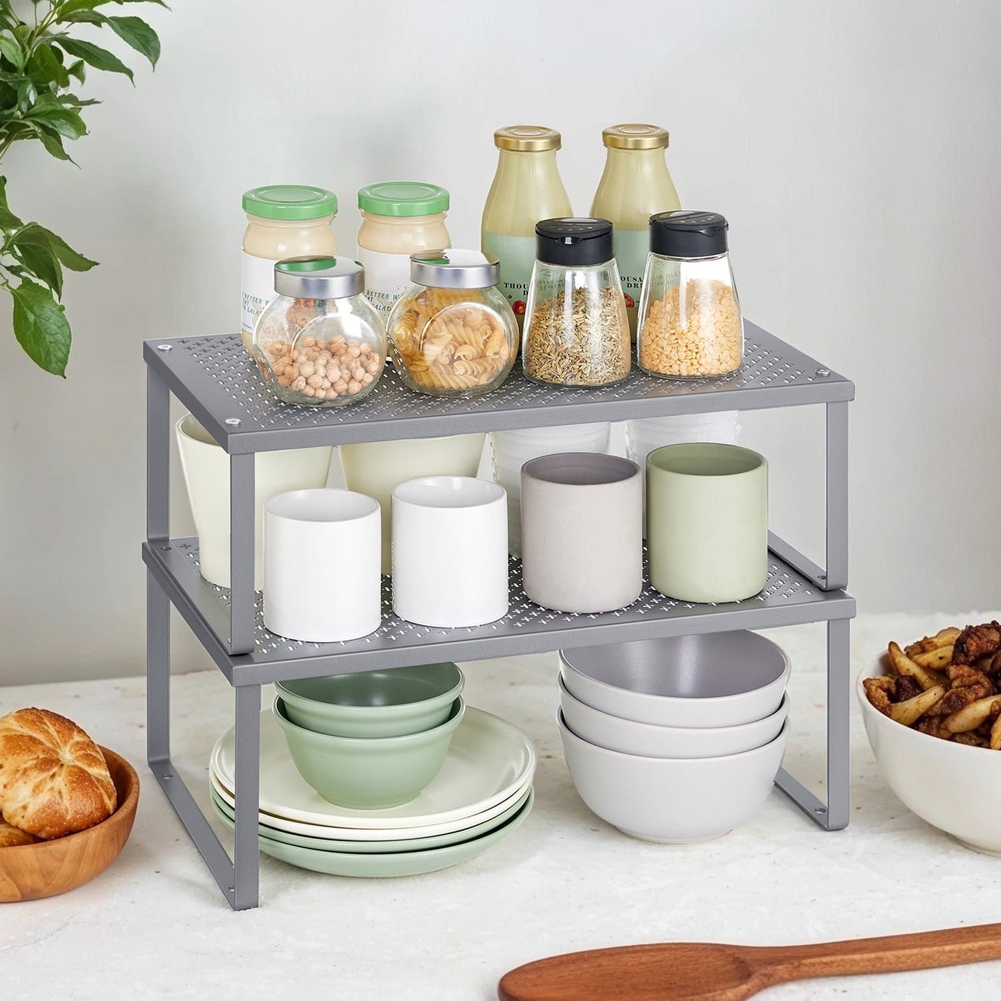 LEDREM 2-Tier Metal Spice Rack Organizer - Heavy Duty 35lb Capacity, Space Saving Design, Stackable Shelves, Silver