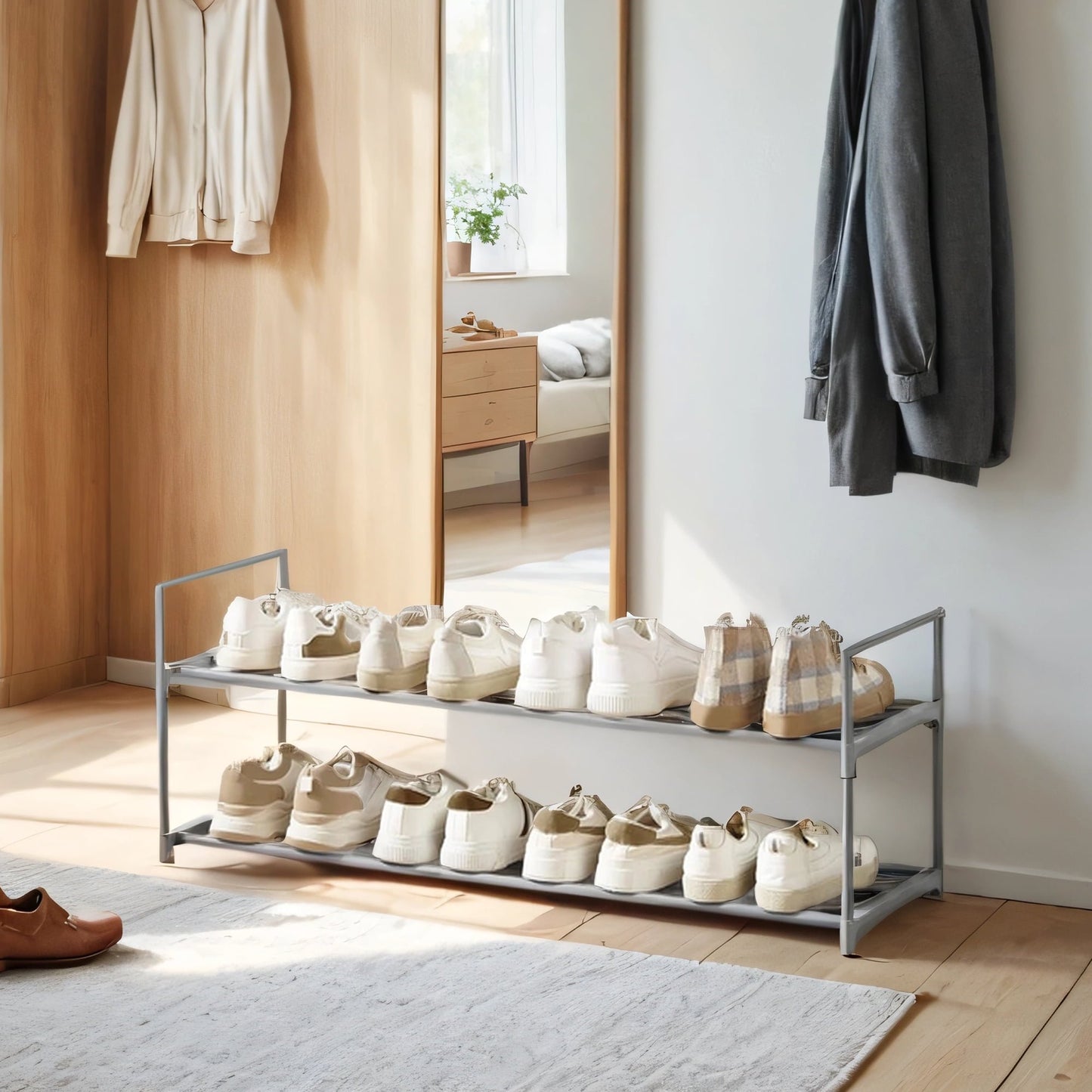 2-Tier Stackable Shoe Rack, Metal Shoe Organizer Shelf for Entryway, Holds 12-15 Pairs, Upright，Upside Down Installation, Space-Saving, Gray