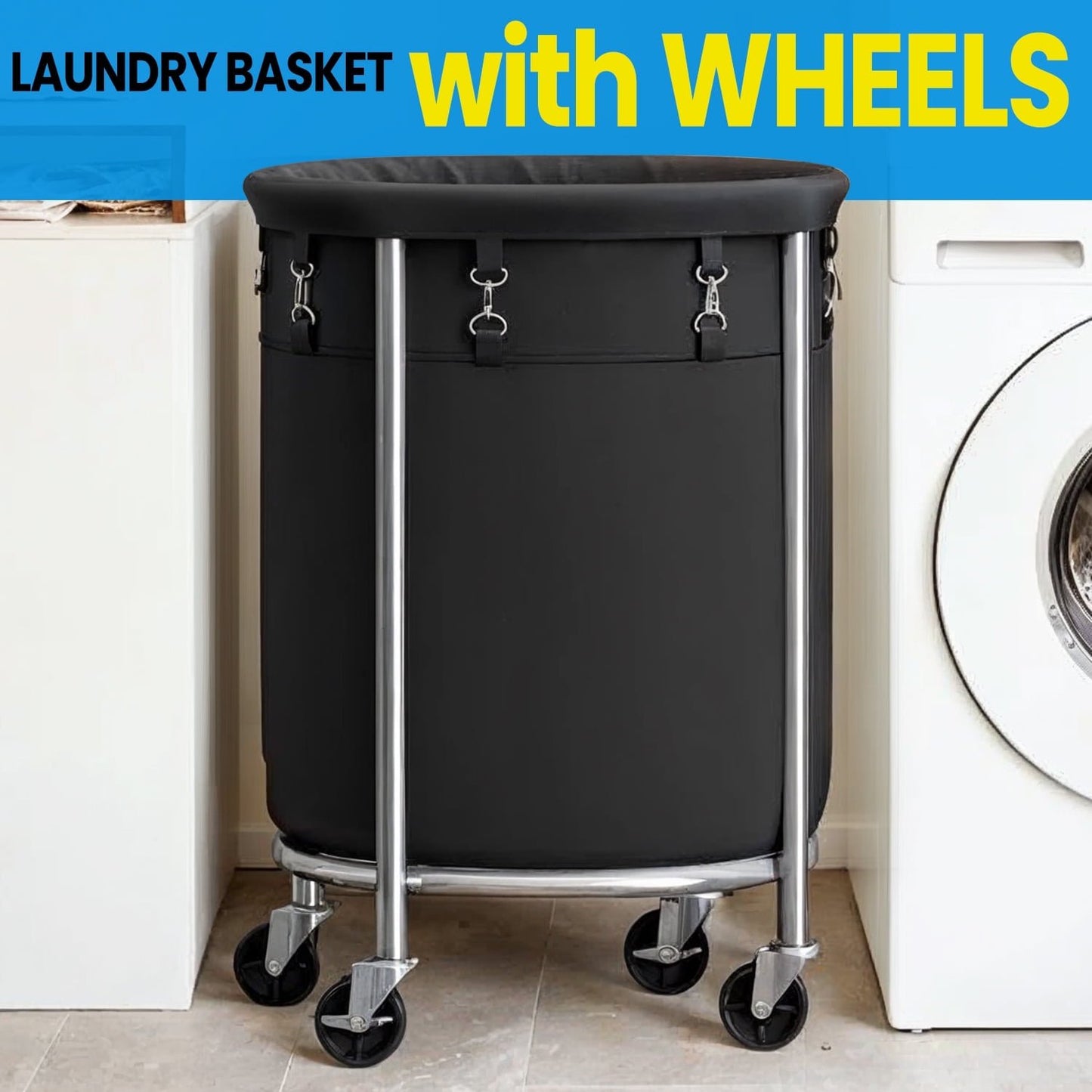 LEDREM 29-Gal Rolling Laundry Hamper with Wheels, Steel Frame & Removable Bag, 4 Casters (2 Brakes), Black and Silver