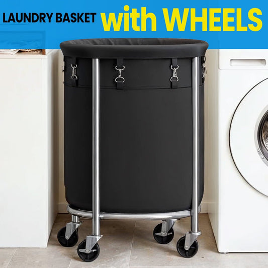 LEDREM 29-Gal Rolling Laundry Hamper with Wheels, Steel Frame & Removable Bag, 4 Casters (2 Brakes), Black and Silver