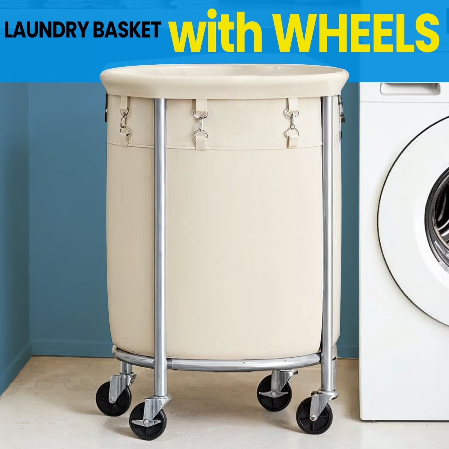 LEDREM 29-Gal Rolling Laundry Hamper with Wheels, Steel Frame & Removable Bag, 4 Casters (2 Brakes), Cream and Silver