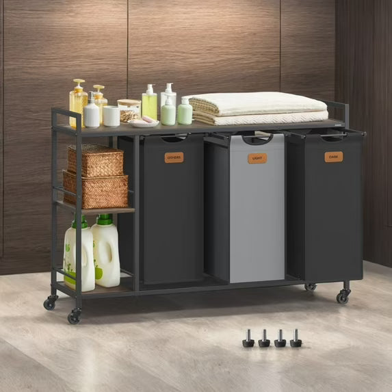 LEDREM 3-Bin Rolling Laundry Sorter, 39.6 Gallon Capacity with Shelves & Labels, Mobile Storage Cart, Chestnut Brown, Ink Black and Dove Gray