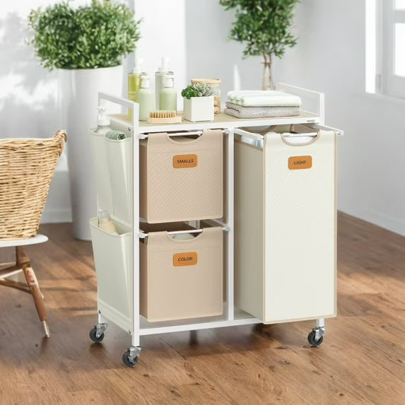 LEDREM 3-Compartment Rolling Laundry Hamper - 26.4 Gal with Removable Liners, 6 Labels, Side Pockets & Locking Wheels - Natural Beige, Camel Brown, Cream White