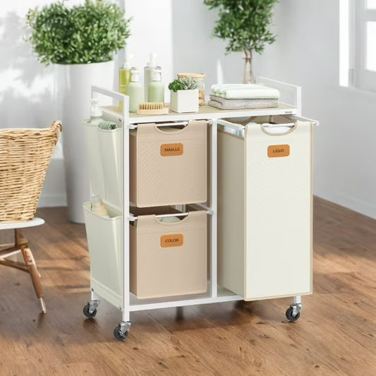 LEDREM 3-Compartment Rolling Laundry Hamper - 26.4 Gal with Removable Liners, 6 Labels, Side Pockets & Locking Wheels - Natural Beige, Camel Brown, Cream White