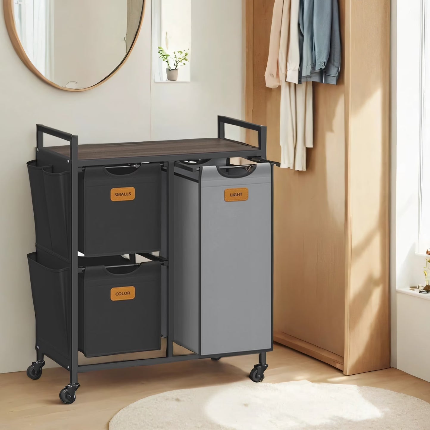 LEDREM 3-Compartment Rolling Laundry Sorter, 26.4 Gallon Capacity with Shelves & Labels, Mobile Storage Cart, Chestnut Brown, Ink Black and Dove Gray