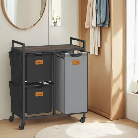 LEDREM 3-Compartment Rolling Laundry Sorter, 26.4 Gallon Capacity with Shelves & Labels, Mobile Storage Cart, Chestnut Brown, Ink Black and Dove Gray