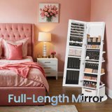 LEDREM 360 Rotating Jewelry Cabinet with LED Lights - Full-Length Mirror, Makeup Station & Storage Organizer, Standing Armoire with Basket, Cloud White