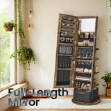 LEDREM 360°Rotating Jewelry Cabinet with LED Lights - Full-Length Mirror, Jewelry Organizer & Makeup Station, Storage Basket, Rustic Brown