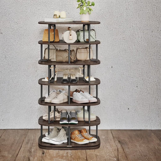 360° Rotating Shoe Rack – 5-Tier Freestanding Storage Organizer for 28+ Pairs, Entryway，Closet, Sturdy Steel & Particleboard, Ash Brown