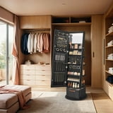 LEDREM 360°Swivel Jewelry Cabinet with LED Lights - Full-Length Mirror, Makeup Shelf & Storage Basket, Standing Armoire Organizer, Ink Black