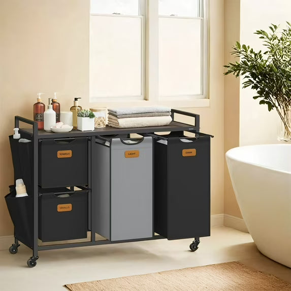 LEDREM 4-Bin Rolling Laundry Sorter, 39.6 Gallon Capacity with Shelves & Labels, Mobile Storage Cart, Chestnut Brown, Ink Black and Dove Gray