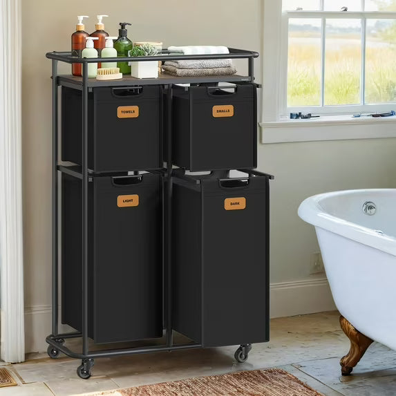 LEDREM 4-Compartment Rolling Laundry Sorter, 39.6 Gal Capacity with Shelf & 6 Labels, Steel Frame, Removable Liners, Ink Black and Chestnut Brown