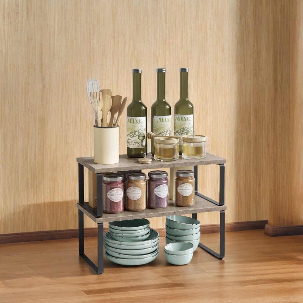 LEDREM 4-Pack Kitchen Organizer Shelves - Stackable, 33lb Capacity, Adjustable Storage Rack, Metal/Wood, Ink Black and Heather Greige