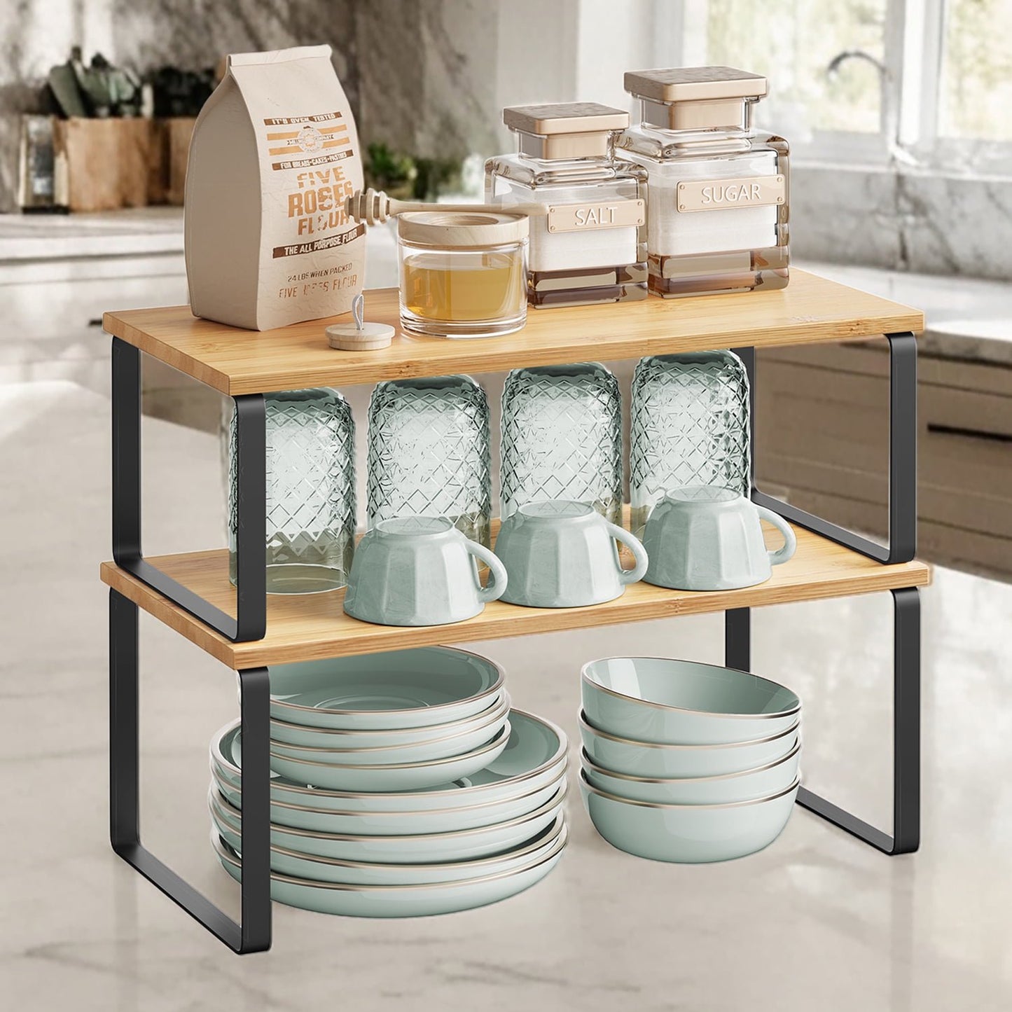 LEDREM 4-Pack Kitchen Organizer Shelves - Stackable, 33lb Capacity, Adjustable Storage Rack, Metal/Wood, Ink Black and Natural Beige